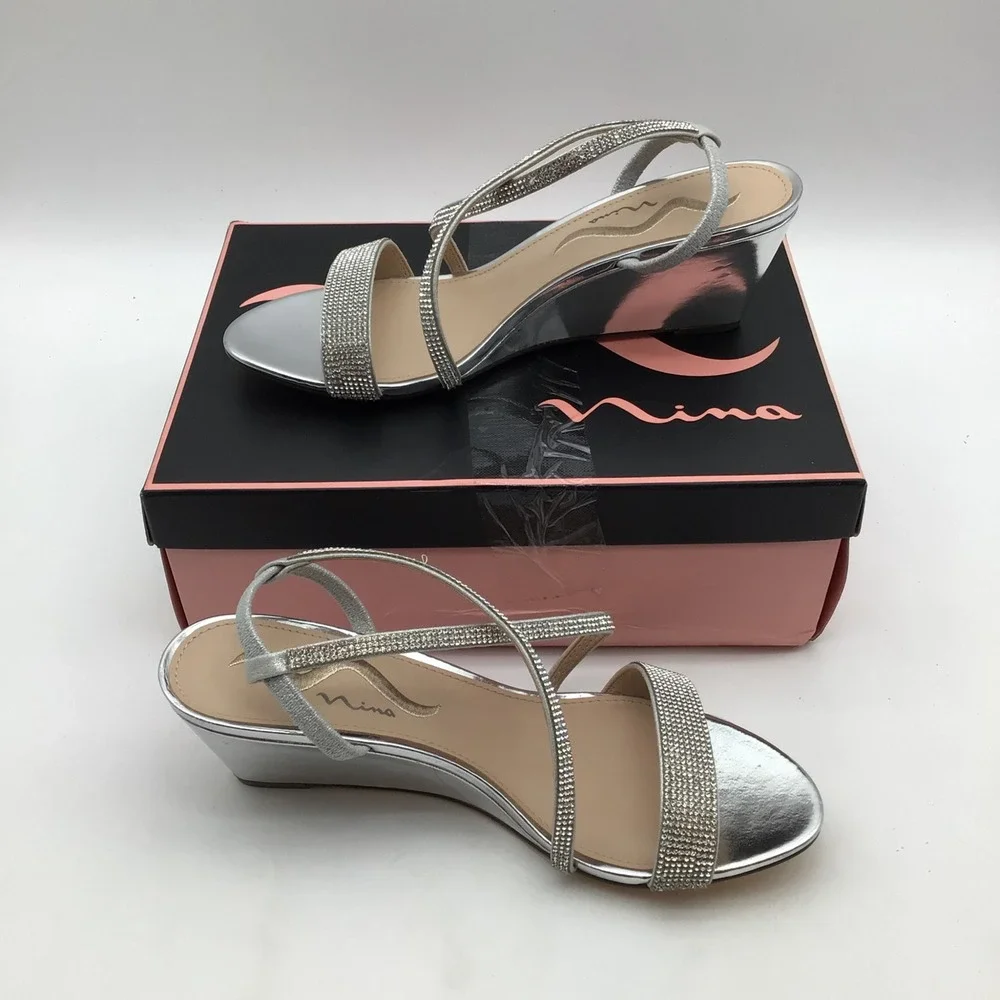 Nina Nixon-FY Silver Rhinestone Wedge Sandals Womens Size 9 M Formal‎ Shoes NEW